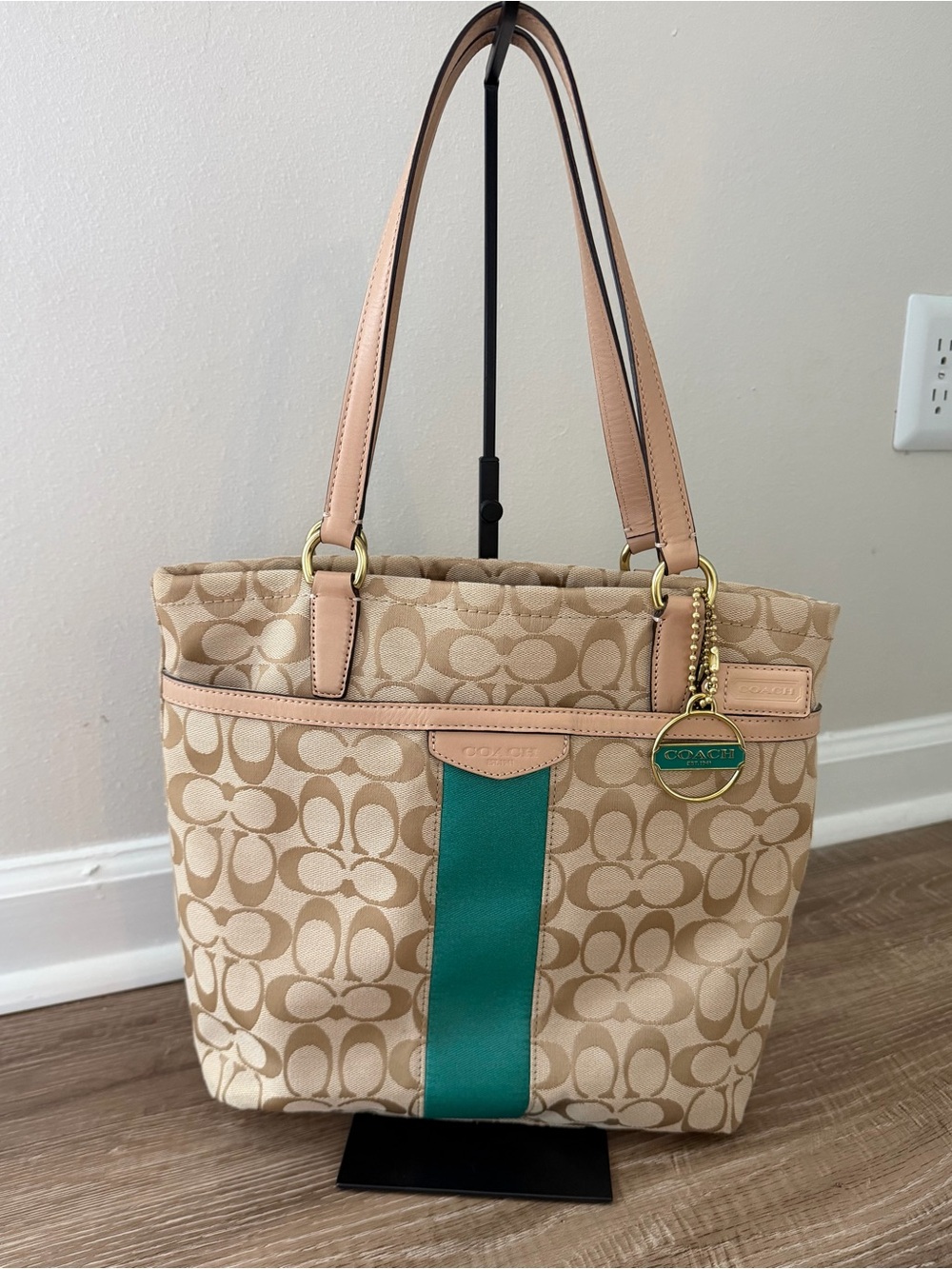 Coach Beige Signature Tote with Teal Center Stripe and Pink-Tan Leather Trim